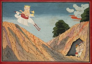 Brahma piilottaa lehmänpaimenet ja vasikat luolassa, sivu Bhagavata Puranalta tekijältä Unknown artist