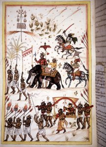 Korkean yhteiskuntaluokan puolisoiden morsiuskulkue - Sivu käsikirjoituksesta (ms.8300) "Mogolin historia" (Moghul tai Moghol), kirjoittanut Stefano Nivibus Cardeira. 1700-luvulla. Bibloteca marciana, Venetsia tekijältä Unknown artist