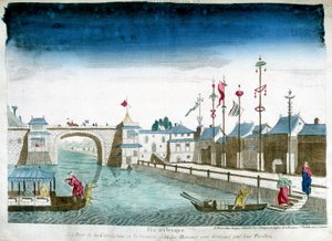 Cochinchinen silta ja veneet erottuvat paviljongeista. Kaiverrus 1700-luvun lopulta tekijältä Unknown artist