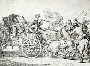Prikaat hyökkäävät kärryn matkustajien kimppuun. 1700-luvun anonyymin kaiverrus. tekijältä Unknown artist