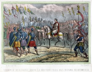 Caesarin seurue Numidian kuningaskunnan tuhon jälkeen - Leon Galibertin "muinaisessa ja nykyaikaisessa Algeriassa". Italialainen painos 1846 värissä. tekijältä Unknown artist