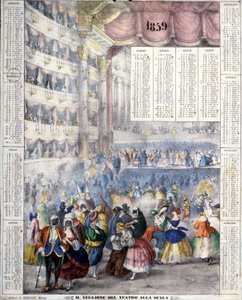 Vuoden 1859 kalenteri, joka edustaa karnevaaliiltaa Teatro alla Scalassa vuonna 1859. tekijältä Unknown artist