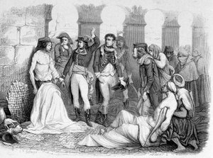 Egyptin kampanja (retkikunta) (1798-1801): Kenraali Bonaparte vierailee tuholaissairaalassa Jaffassa, Egyptissä. Kaiverrus 1800-luku. tekijältä Unknown artist