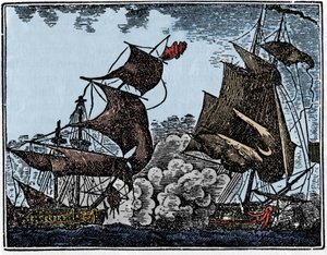 Kapteeni Thy hyökkäsi Intian galleoniin (törmäys). tekijältä Unknown artist