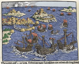 Saraseeniarmeijat valtasivat Jerusalemin helmikuussa 638. Johann Stumpffin teoksessa "Den Noble Strict Best Fromen"" tekijältä Unknown artist