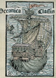 Caravelle "La Pinta" Christopher Columbuksen tutkimusmatkalta (värikaiverrus) tekijältä Unknown artist