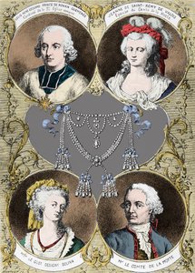 Kuningatar Marie Antoinetten kaulakorun tapaus - tapauksen päähenkilöt: Louis Rene Edouard de Rohan (kardinaali de Rohan), Jeanne de Valois Saint Remy (Valois-Saint-Remy), kreivi de la Motte ja neiti Le Guet d