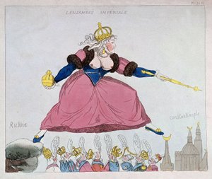 Katariina II hyppäämässä Venäjältä Konstantinopoliin Euroopan hallitsijoiden yli, karikatyyri, 1700-luvun loppu tekijältä Unknown artist