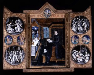 Catherine de Medicis (Caterina de Medici) (1519-1589) rukouksessa - triptyykkisähköposti ja nahka tekijältä Unknown artist