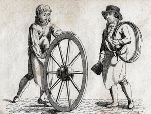 Charron kärryn pyörällä ja oppipoikalla Kaiverrus 1700-luvun lopulla. tekijältä Unknown artist