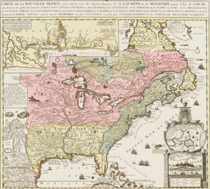 Yhdysvaltojen eteläosien kartta, jossa näkyy Mississippi-joki ja Saint Louis, noin 1720 (vedos). tekijältä Unknown artist