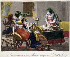 Synnytys Kreikassa - kaiverrus, 1800-luvun loppu tekijältä Unknown artist