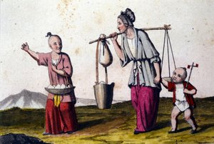 Kiina. Nainen kantoi vettä 2 lapsen seurassa, joista iso kantaa riisikoria. 1800-luvun vedoksia. tekijältä Unknown artist