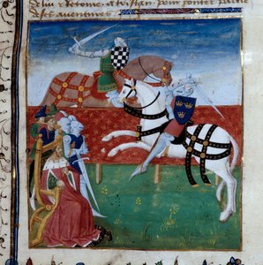 Ritarillinen turnaus Tristanin ja Palameden välillä. Miniatyyri otettu käsikirjoituksesta "Tristanin romaani", jonka otsikko on Master Charles of Maine tekijältä Unknown artist