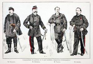 Mobilisoitujen rauhanturvaajien komentajat (divisioonatarkastajat), vasemmalta oikealle: Mr. Foucault, Mr. Giobergia, Mr. Vassal, Mr. Archer. Värietsaus, havainnollistava "History of the Corps of the Peacekeepers" -kirja, joka on julkaistu suojeluksessa tekijältä Unknown artist