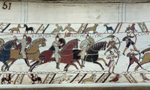 Normandian herttua William Valloittajan (1027-1087) valloitus Englannissa vuonna 1066: Hastingsin taistelun alku. Yksityiskohta Bayeux