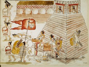 Meksikon valloitus: Atsteekkien valtakunnan pääkaupungin Tenochtitlanin tuhoaminen valloittaja Hernan Cortesin (Hernando Cortezin) (1485-1547) armeijan toimesta 24.6.1520”” Miniatyyri käsikirjoituksesta tekijältä Unknown artist