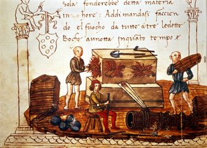 Pommin (kranaatin) rakentaminen 1400-luvulla. Giuliano de 