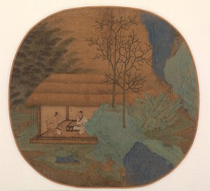 Keskustelua olkikattoisessa mökissä tekijältä Unknown artist
