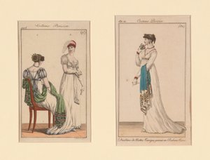 "Costume Parisien" -muotilevyt lehdistä Journal des Dames et Des Modes ja Costume Parisien (Naisten ja muodin lehti) tekijältä Unknown artist