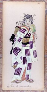 Costume de la zia con il marmocchio (Lapsi) Giacomo Puccinin Madame Butterfly -teoksen luomiseen vuonna 1904.Museo della Scalan kokoelma Milanossa. tekijältä Unknown artist