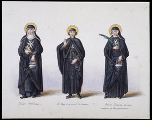 Puvut: 1. Santa Ubaldesca, 2. St Ugo di Genova, 3. Santa Toscana di Vita. sd. 1800-luvulla. tekijältä Unknown artist