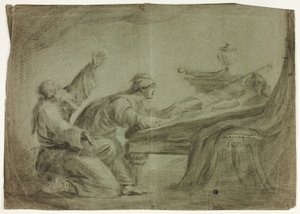 Pariskunta antiikkipuvussa, suree kuollutta poikaa tekijältä Unknown artist