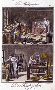 Käsityötä: kuparisulatto ja dinandier työpajoissaan. Johan Peter Viren teoksessa ”Kattava kuvaus taiteesta ja työpajoista nuorille”. Ed. Nürnberg, Weigel ja Schneider tekijältä Unknown artist