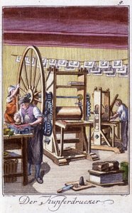 Käsityöt: kuparikaivertaja työpajassaan. Johan Peter Viren teoksessa ”Kattava kuvaus taiteesta ja työpajoista nuorille”. Ed. Nürnberg, Weigel ja Schneider tekijältä Unknown artist