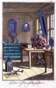 Käsityöt: kristallintekijä työpajassaan. Johan Peter Vuen teoksessa ”Kattava kuvaus taiteesta ja käsityöstä ja työpajoista nuorille”. Ed. Nürnberg, Weigel ja Schneider tekijältä Unknown artist