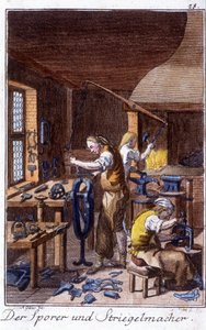 Craft craft: Spur, valmistaja kutistuminen harja työpajassaan. Johan Peter Viren teoksessa ”Kattava kuvaus taiteesta ja työpajoista nuorille”. Ed. Nürnberg, Weigel ja Schneider tekijältä Unknown artist