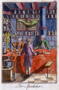 Käsityöt: apteekki (apteekkari) työpajassaan. Johan Peter Viren teoksessa ”Kattava kuvaus taiteesta ja työpajoista nuorille”. Ed. Nürnberg, Weigel ja Schneider tekijältä Unknown artist