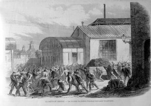 Creusotin lakko. Säätöliikkeiden työntekijät torjuvat lakkoilijoita. Kaiverrus 1800-luvulta. tekijältä Unknown artist