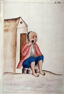 Perun arkielämä ja tavat: "" Intiaani ajelee partaa ovella "" Akvarelliväri otettu Trujillon piispan (1782-1785) Baltasar Martinez Companon y Bajandan kirjasta "" Trujillo del Peru "". 1700-luvun Madrid. Biblioteca del Palacio Real tekijältä Unknown artist
