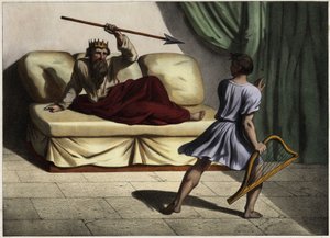 Daavid soittaa sittaria kuningas Saulin edessä rauhoitellakseen häntä. Anonyymi kaiverrus 1800-luvun puolivälistä. tekijältä Unknown artist