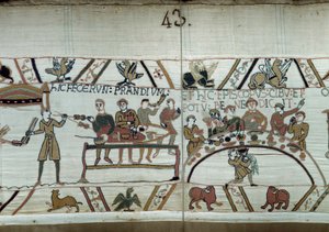 Debarques Englannissa, William Valloittajan (1027-1087) käsivarret pitävät juhlaa odottaessaan taistelua Harold II:n saksilaisia aseita vastaan. Guillaumea ympäröivät Barons ja Eveque Odon -yksityiskohta Bayeux