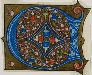 Koristeltu alkukirjain "D" lehdillä ja kahdella pallolla kuorokirjasta. tekijältä Unknown artist