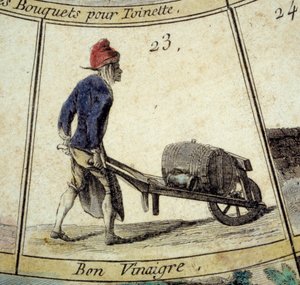 Yksityiskohta Cree of Paris goose -pelistä: etikkakauppias. Kaiverrus 1700-luvulta. Coll. Lähtemässä. tekijältä Unknown artist