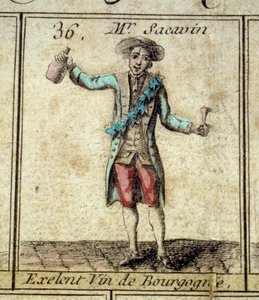 Yksityiskohta Goose of the Cree of Paris -pelistä: herra Sacavin, viininjuoji Bourgognesta. Kaiverrus 1700-luvulta. Coll. Mennä. tekijältä Unknown artist