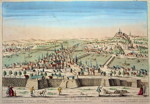 Yksityiskohtainen näkymä Lyonin kaupungista Rhônen ja Saonen rannoilla. Kaiverrus 1600-luvun Pariisista B.N. tekijältä Unknown artist