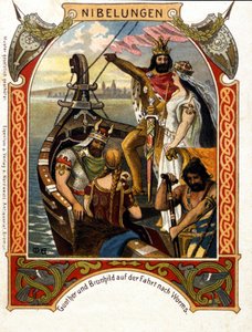 Die Nibelungen, ooppera, jonka sävelsi Heinrich Dorn (1804-1892) vuonna 1854, saksalainen kapellimestari ja säveltäjä. kromolitografia 1800-luvulta. tekijältä Unknown artist