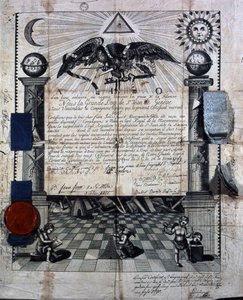 Isaac Huitin tutkintotodistus kuninkaallisen muuraustaiteen seuralaisena ja mestarina, jonka myönsi vuonna 1789 Geneven St-Jeanin suurlooshi. tekijältä Unknown artist