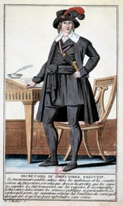 Ohjaus: puku johtokunnan sihteerinä. Kaiverrus 1700-luvulta. Paris, B.N. tekijältä Unknown artist