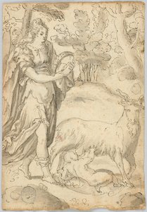 Piirustus: A) Rhea ja vauva Jupiter. B) Pyhä Franciscus Assisilainen tekijältä Unknown artist