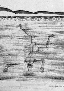 Piirros 1400-luvulta, jossa mies menee veteen jonkinlaisella naamiolla. tekijältä Unknown artist
