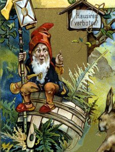 Kääpiö tai farfadet lyhdyllä. 1800-luvun kromolitografia. tekijältä Unknown artist