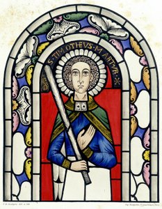 Kaiverrus, joka edustaa Pyhän Timoteuksen lasimaalausta Neuvillerin kirkosta. tekijältä Unknown artist