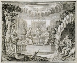 Kaiverrus, joka edustaa kutomakoneilla työskenteleviä naisia. 1700-luvun alku. tekijältä Unknown artist
