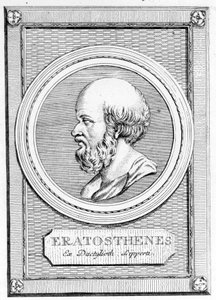 Eratosthenes (275 eKr. - 195 eKr.) matemaatikko, tähtitieteilijä maantieteilijä ja runoilija. Muotokuva jälkikäteen: "Muinaisten kreikkalaisten ja roomalaisten galleria", voi. II. Poschiavo 1784. tekijältä Unknown artist