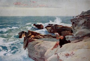 Ilta meren rannalla, nuori mies, jolla on suuri kuori, istuu rannalla tekijältä Unknown artist